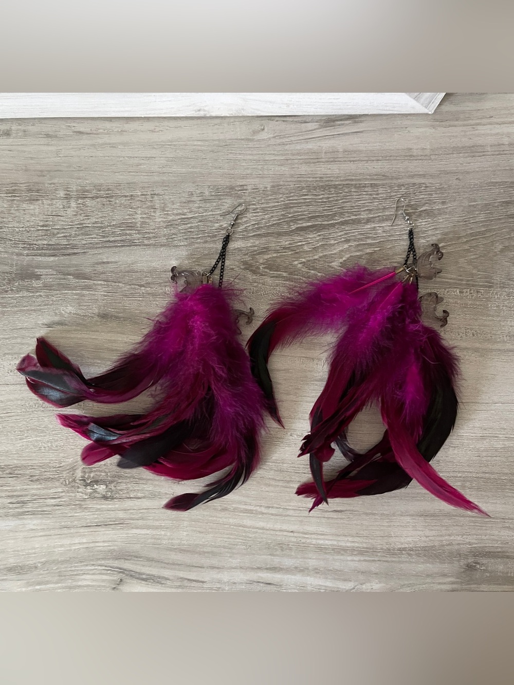 Dark Pink Feather Earrings with Dolphins 9”